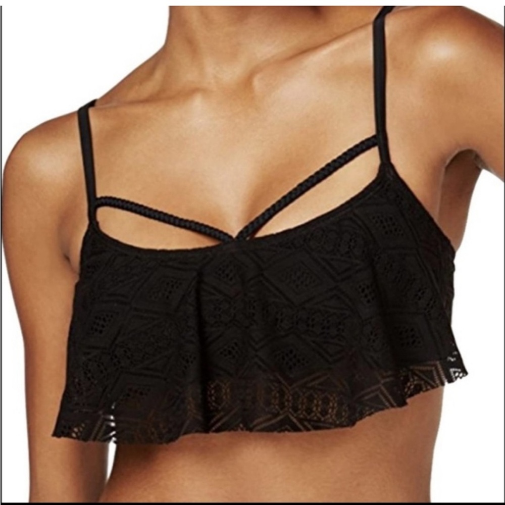 Hula Honey Women’s Black Bandeau Lace Flounce Bralette Bikini Swimsuit Top Sz XS